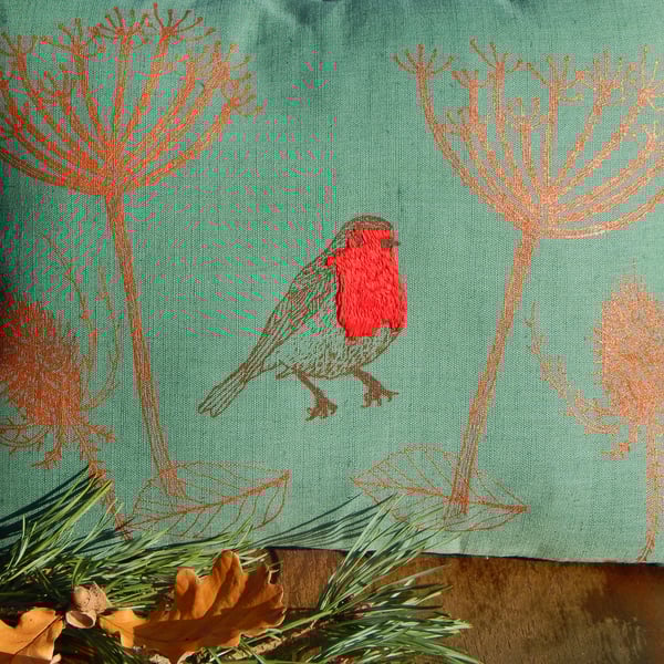 Dark green - Robin red breast - Screen printed wild seedhead cushion 