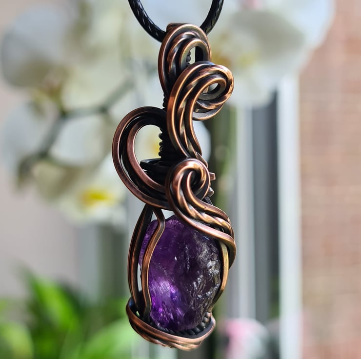 Handmade Natural Raw Rough Cut Amethyst Crystal Copper Necklace Pendant Gift