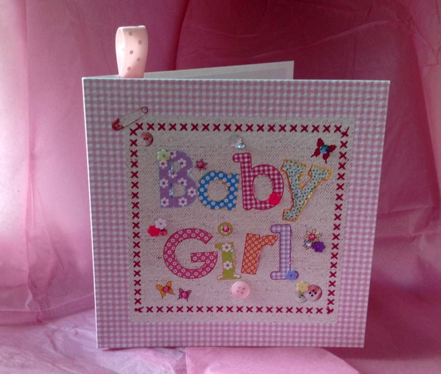 New Baby Girl,Greeting Card, Printed Applique Design, Handfinished Card
