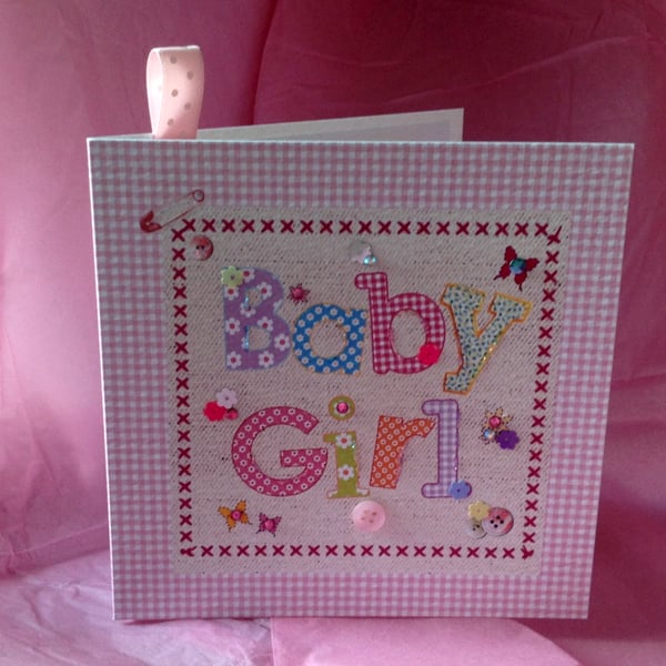New Baby Girl,Greeting Card, Printed Applique Design, Handfinished Card