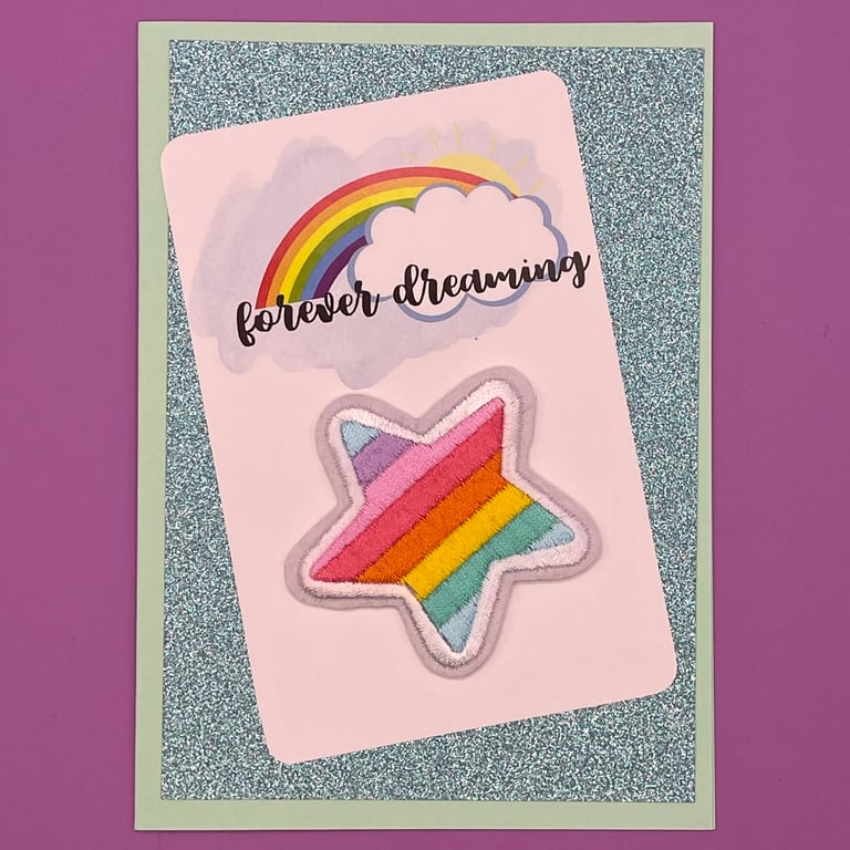 Rainbow card with iron on motif