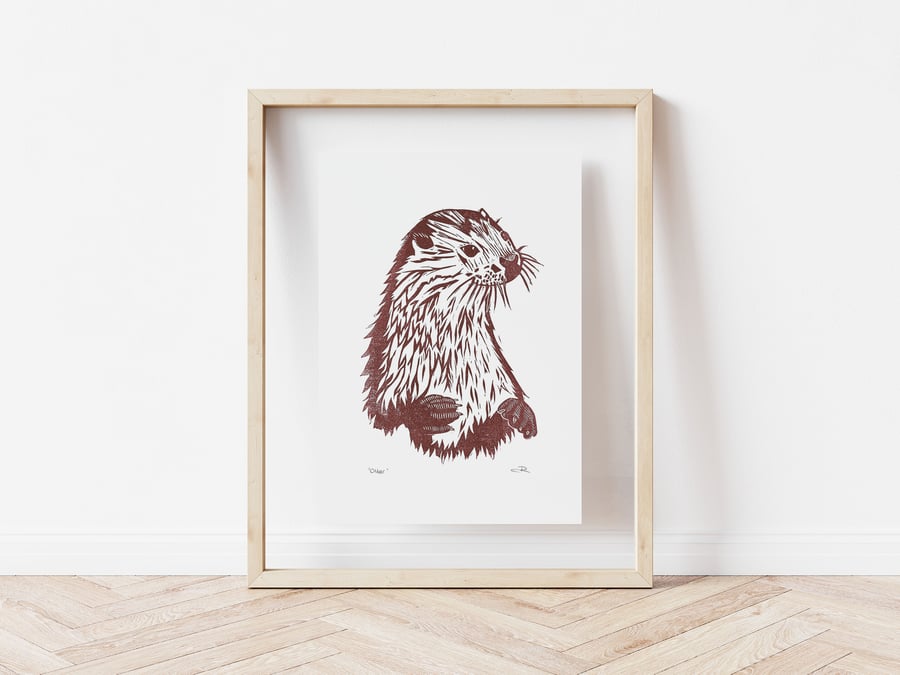 Original otter lino print