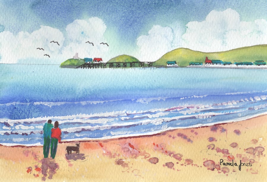 Couple Walking The Dog, Mumbles, Wales - Original Watercolour  in 14 x 11 Mount