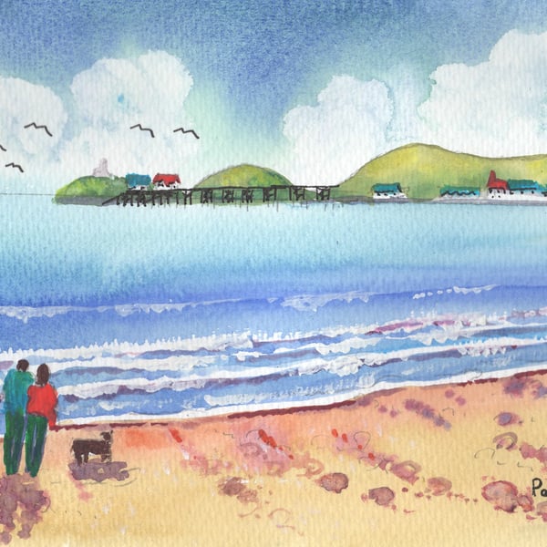 Couple Walking The Dog, Mumbles, Wales - Original Watercolour  in 14 x 11 Mount