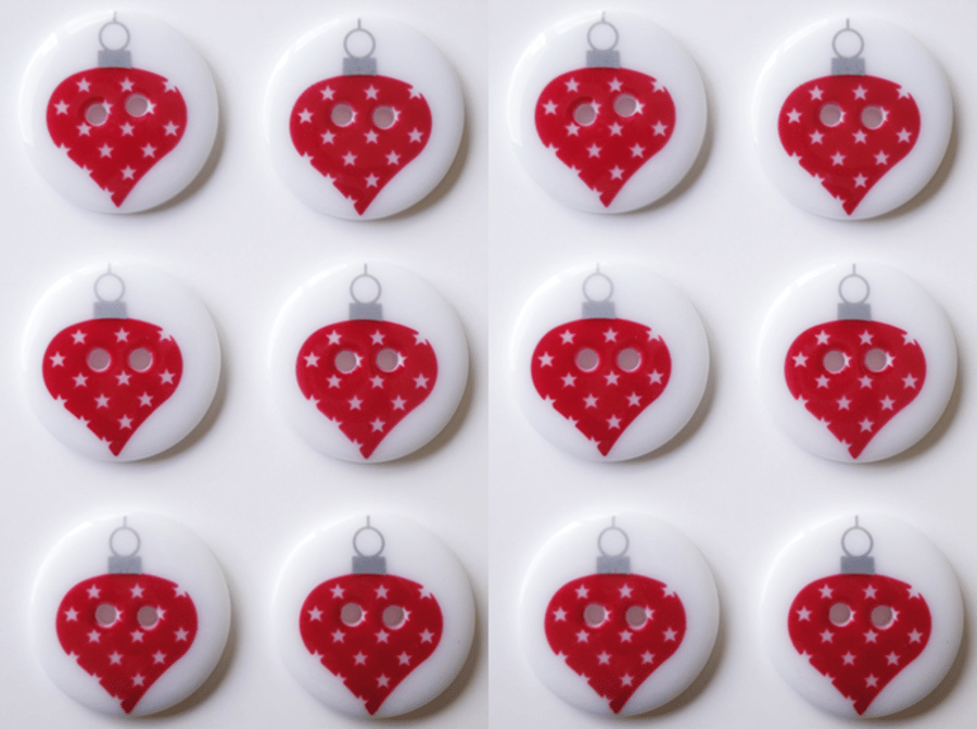 12 Christmas Buttons, Red Bauble Design, 23mm Wide, Round, Noel! Festive