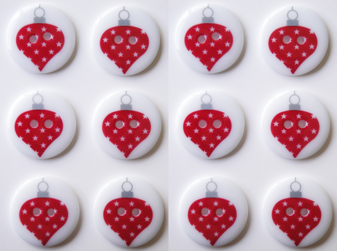 12 Christmas Buttons, Red Bauble Design, 23mm Wide, Round, Noel! Festive