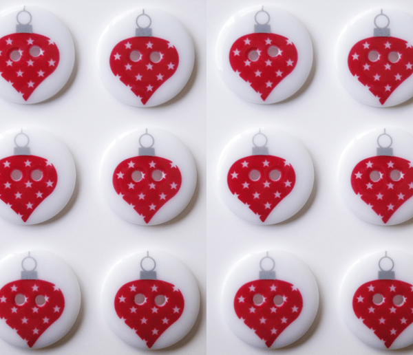 12 Christmas Buttons, Red Bauble Design, 23mm Wide, Round, Noel! Festive