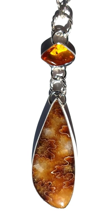 Suture Ammonite Necklace Amber with Insect Sterling Silver Jewellery Gift 925