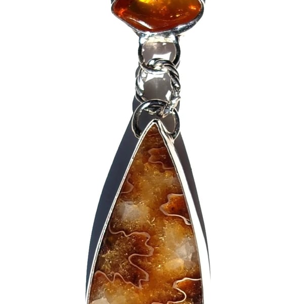 Suture Ammonite Necklace Amber with Insect Sterling Silver Jewellery Gift 925