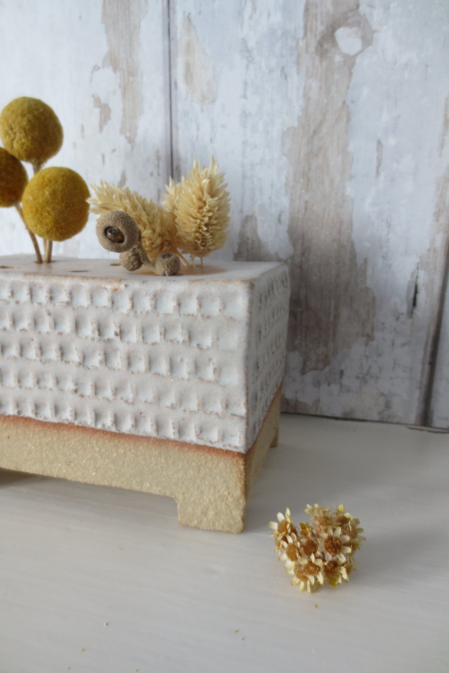 Hand-built stoneware pottery flower brick in matt white
