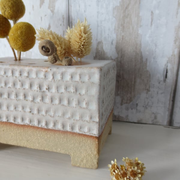 Hand-built stoneware pottery flower brick in matt white