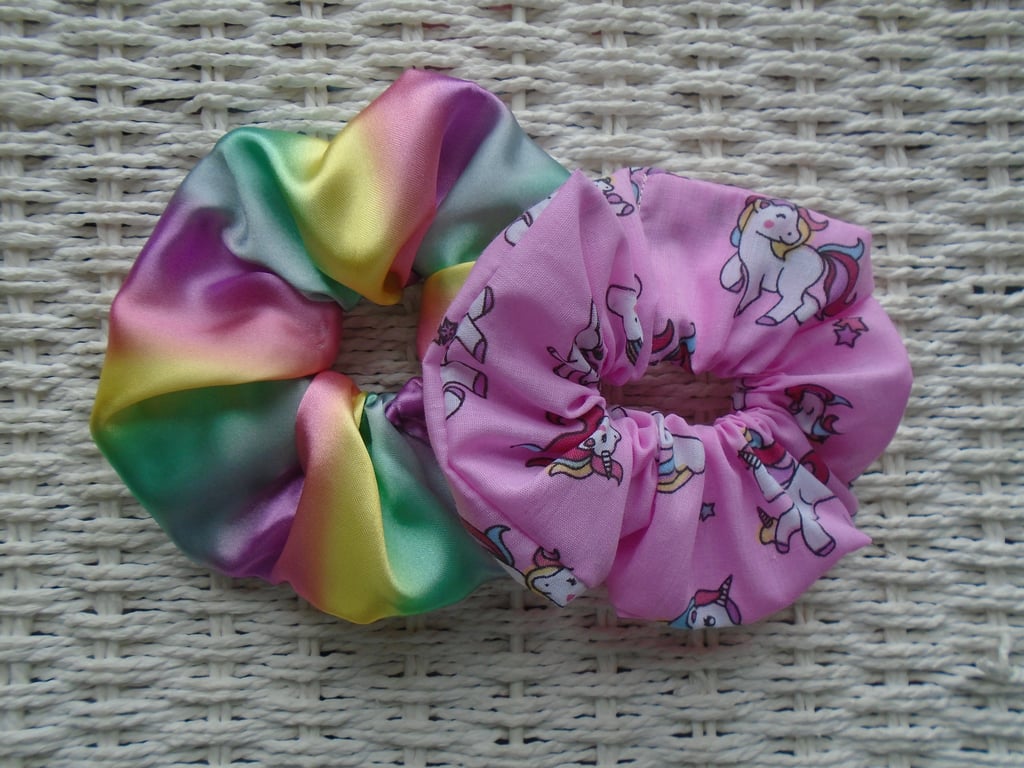 Pack of 2 Hair Scrunchies Pink Unicorn & Rainbow 