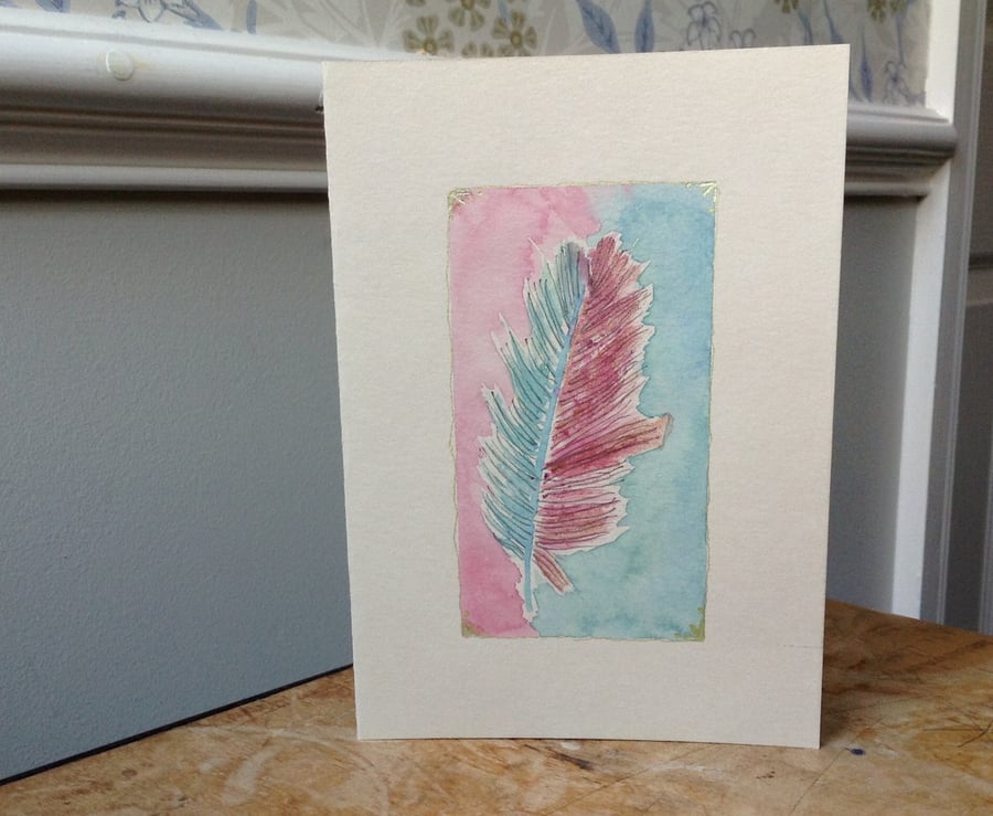 Hand painted card pink & green feather