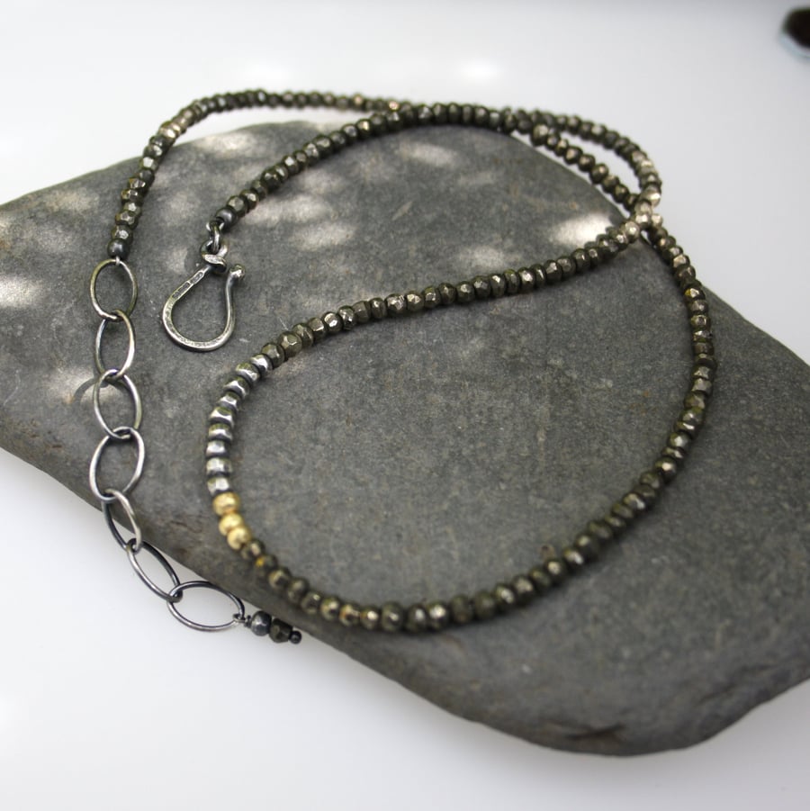 Pyrite ,Silver and 18ct gold neclace.