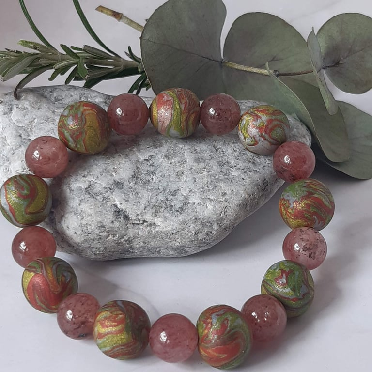 Metallic green and bronze polymer clay stretch beaded bracelet