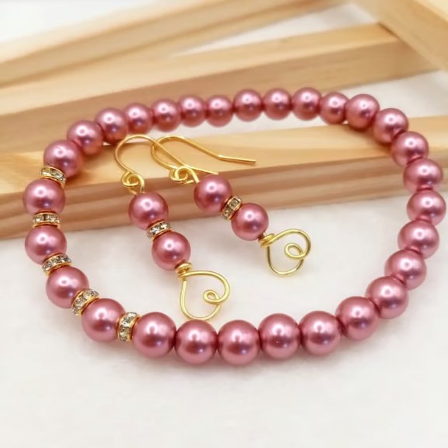 Indian Pink Glass Pearl Wedding Jewellery Set, Heart Drop Earrings & Bracelet 