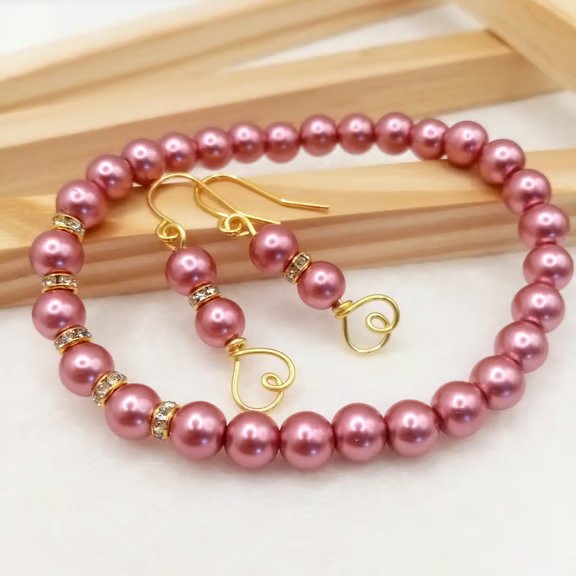 Indian Pink Glass Pearl Wedding Jewellery Set, Heart Drop Earrings & Bracelet 