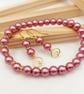 Indian Pink Glass Pearl Wedding Jewellery Set, Heart Drop Earrings & Bracelet 