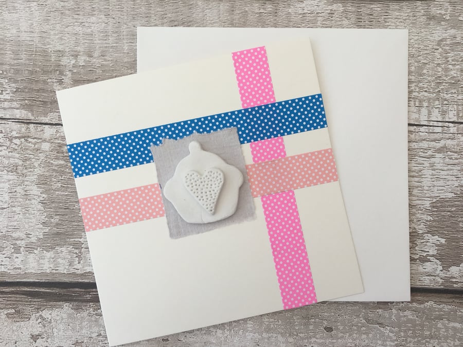 Hand made Blank card, air dry clay cup cake design attached, gift idea