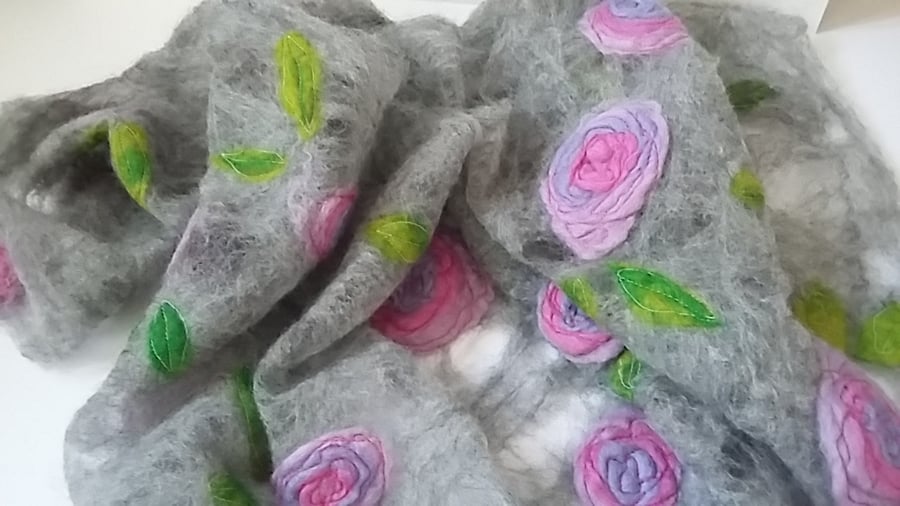 Grey Merino Fibre Felted Rose Scarf