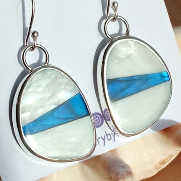 Labradorite Mother of Pearl Earrings Fine Silver Jewellery Gift Gemstone Doublet