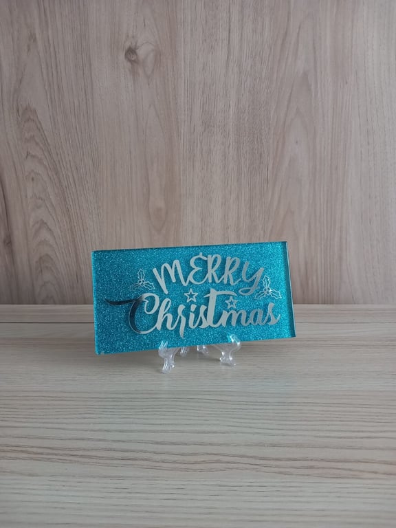 Merry Christmas Glitter Subway Tile Decorative Tile on Stand Festive Home Decor