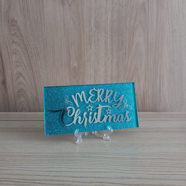 Merry Christmas Glitter Subway Tile Decorative Tile on Stand Festive Home Decor