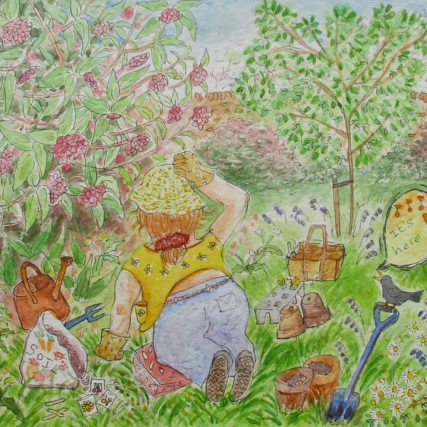 Where did I put that spade?  Garden Whimsy - Original Watercolour Painting
