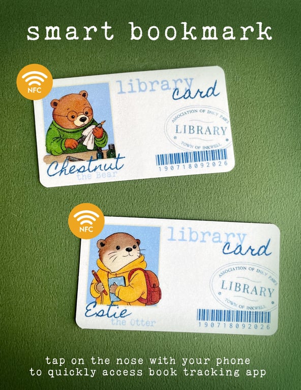 Library Card Smart Bookmark with Hidden NFC Tag, Cute Otter or Bear