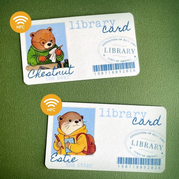 Library Card Smart Bookmark with Hidden NFC Tag, Cute Otter or Bear