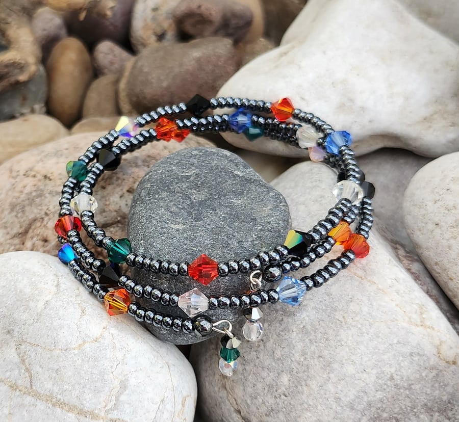 Haematite and crystal memory wire bangle