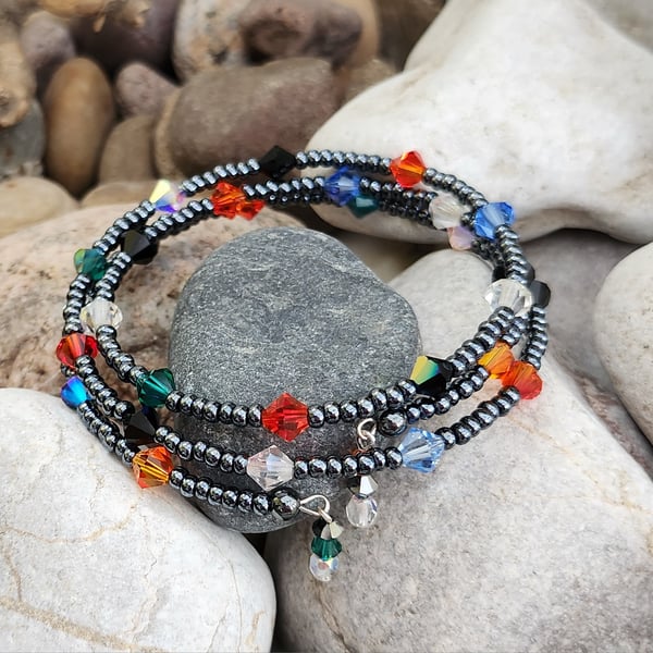 Haematite and crystal memory wire bangle