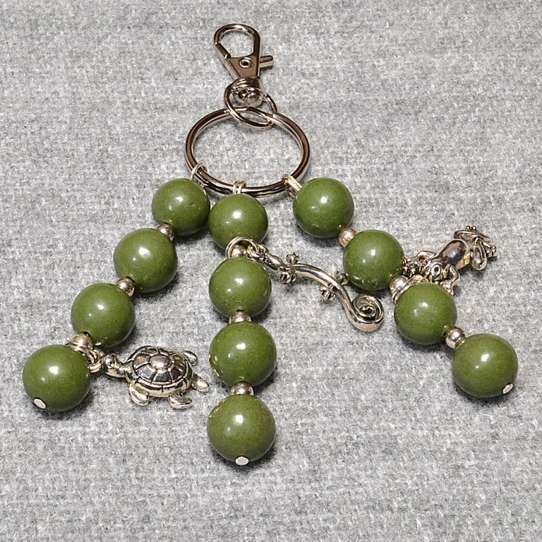 Bag Charm – Olive-Green Stone Beads with Animal Charms Triple Dangle