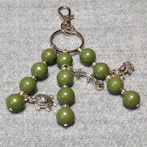 Bag Charm – Olive-Green Stone Beads with Animal Charms Triple Dangle