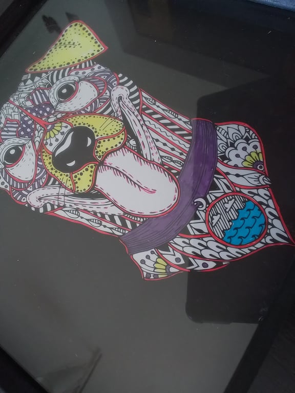 Dog picture. Framed picture ture. Hand coloured in dog. Ref 314