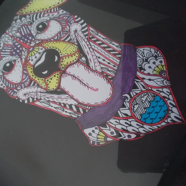 Dog picture. Framed picture ture. Hand coloured in dog. Ref 314