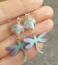Enamel dragonfly earrings, Lilac and aqua, Insect jewellery - Image 2