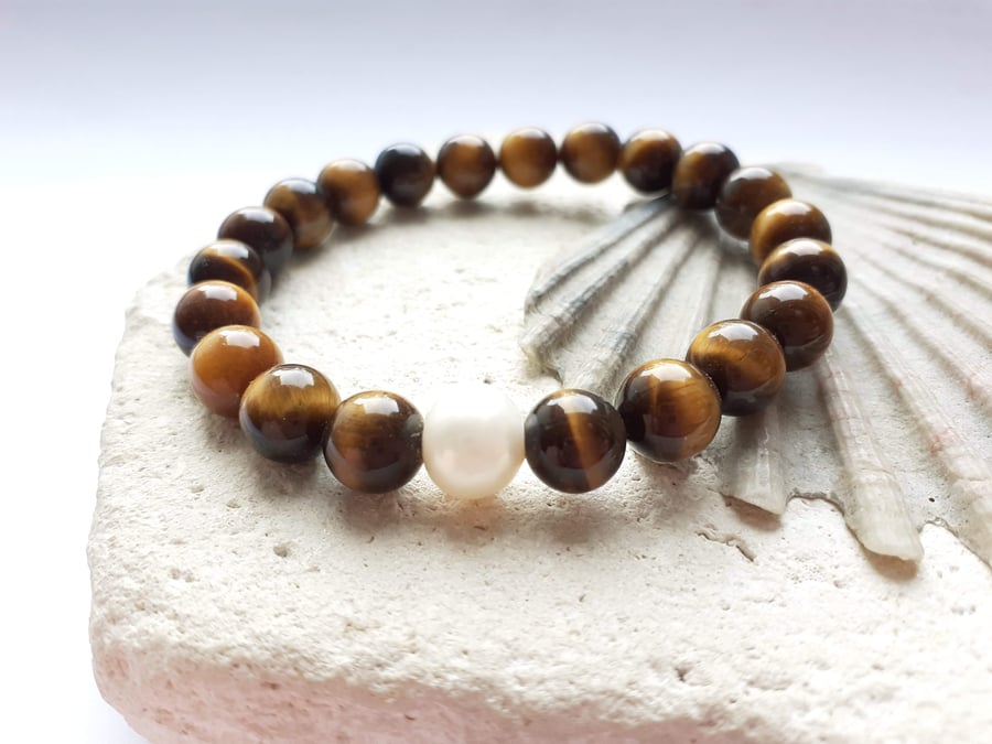 Tiger's Eye Semi-Precious Elastic Bracelet with Fresh Water Pearl Accent