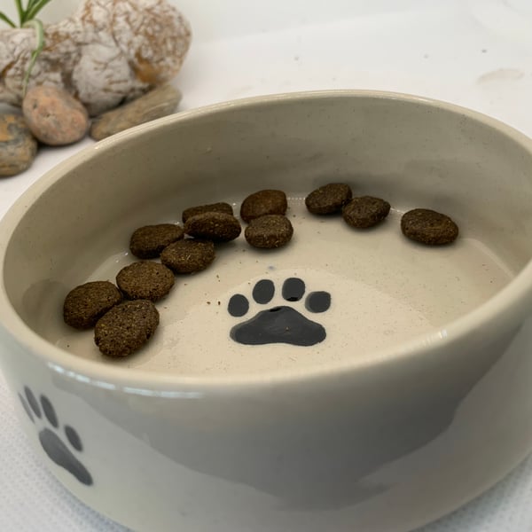 Dog bowl featuring bones and paw prints