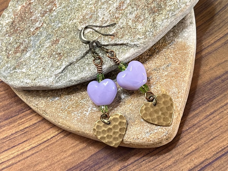 Lilac and bronze chunky heart bohemian earrings