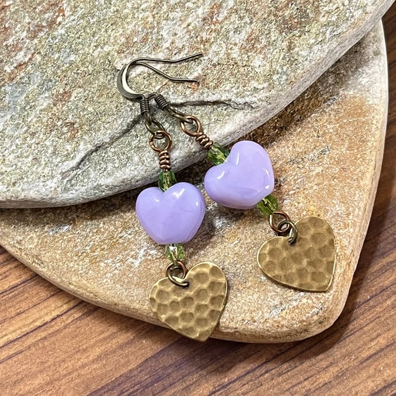 Lilac and bronze chunky heart bohemian earrings