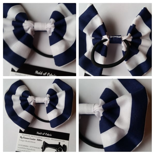 Hair bobble bow band in navy and white stripe fabric. 3 for 2 offer.  