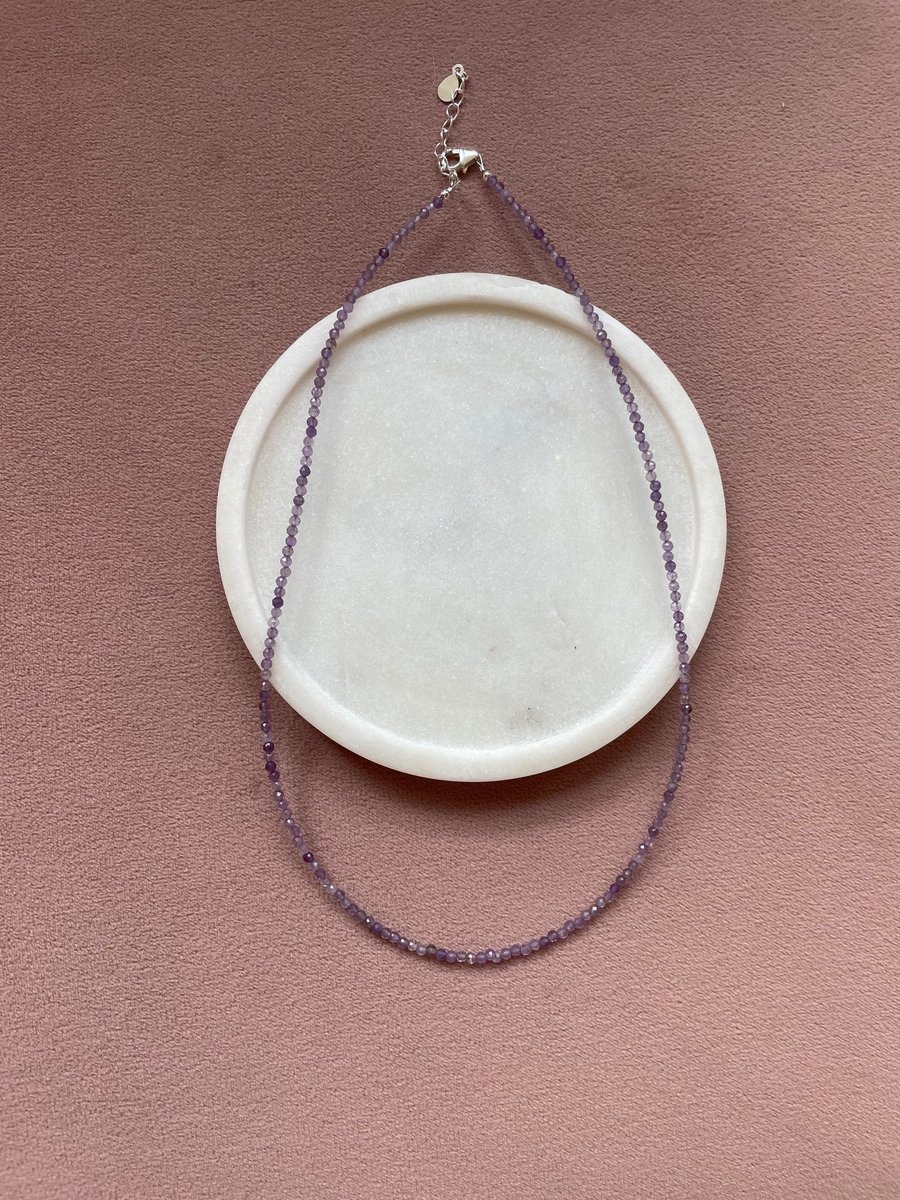 Dainty Amethyst Necklace Gemstone Beaded Necklace Tiny Crystal Necklace