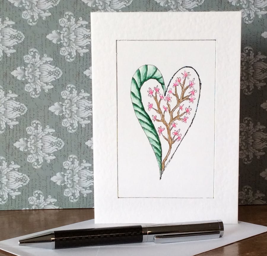 Handmade flowering tree heart Art Card.