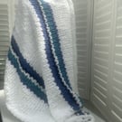 Chunky Hand Knitted White Stripe Blanket Throw (Colour: Ocean Spray)