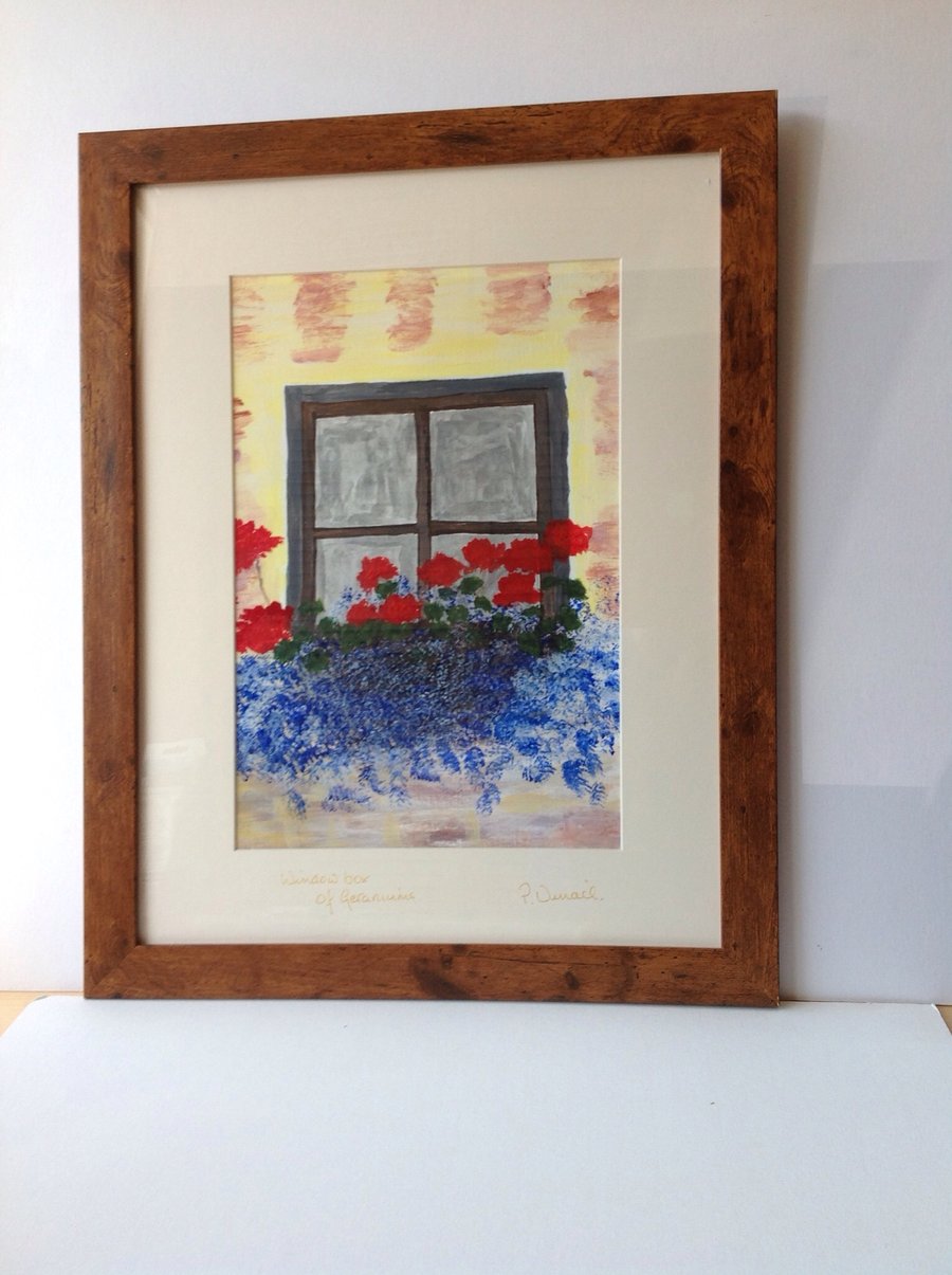 Acrylic painting window box geraniums
