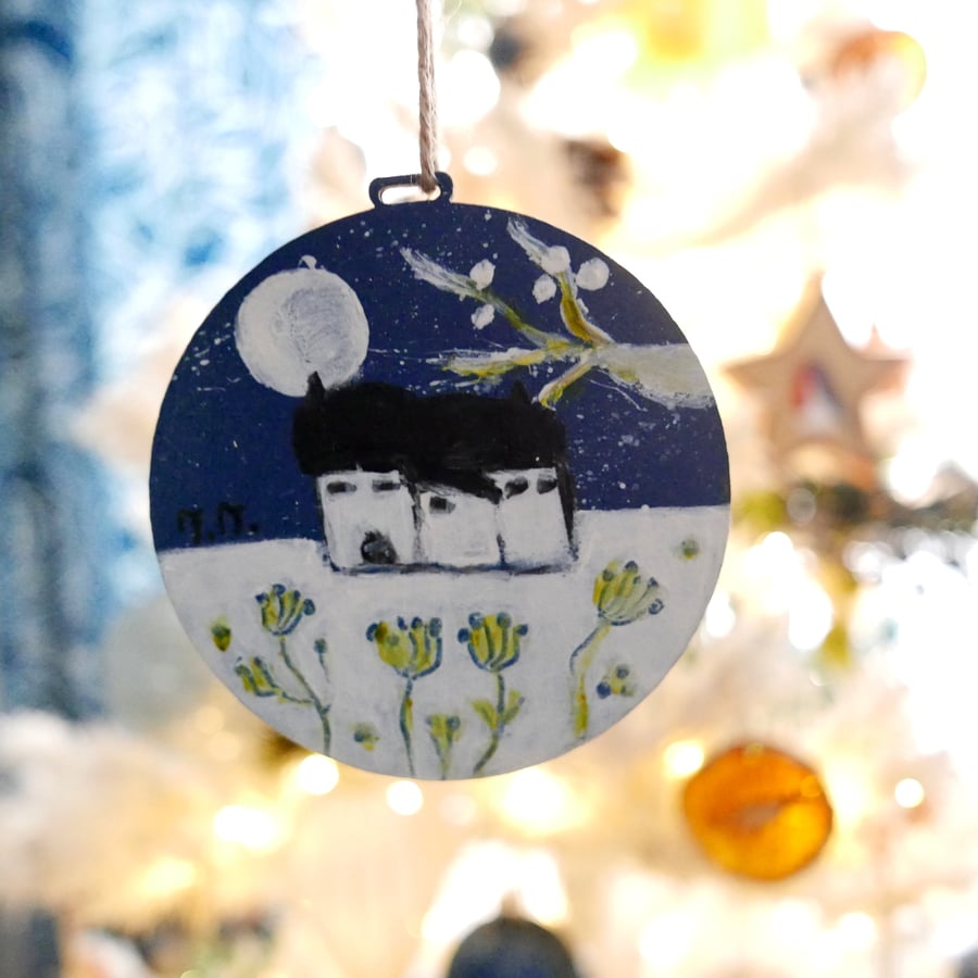 Winter Landscape Christmas Hanging Decoration, Cottage and Snow Blue Ornament  