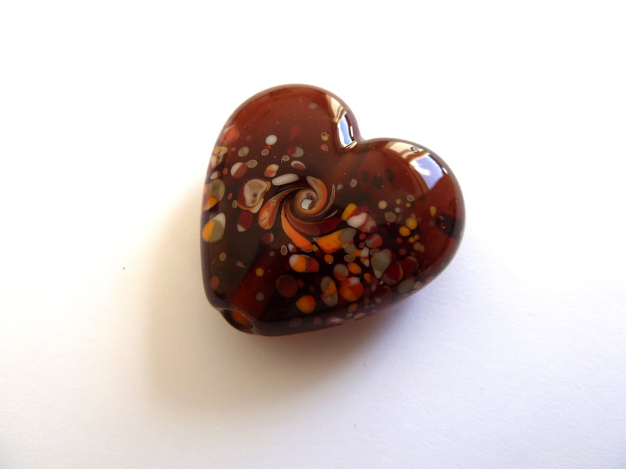 amber heart, lampwork glass bead