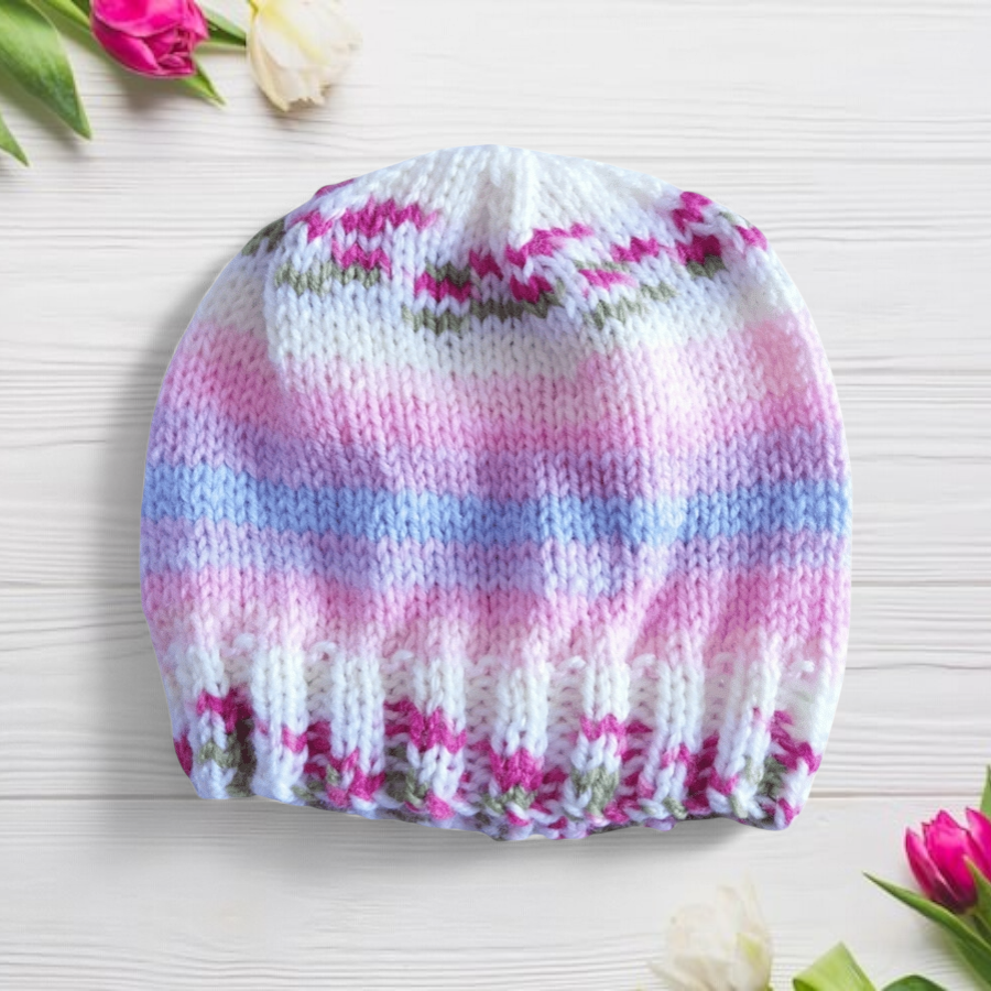 Image of Hand Knitted Baby Hat 0-3 Months, Pink Flowers Beanie, Girls Hat, Baby Gifts