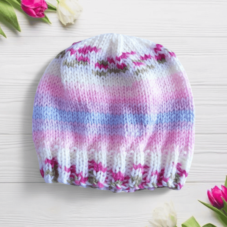 Hand Knitted Baby Hat 0-3 Months, Pink Flowers Beanie, Girls Hat, Baby Gifts
